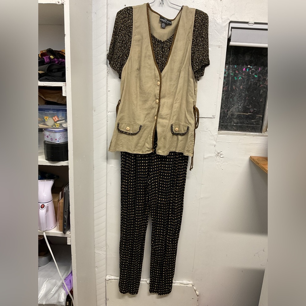 Vintage Carole Little Linen Blend Jumpsuit with Black and Gold Accents
